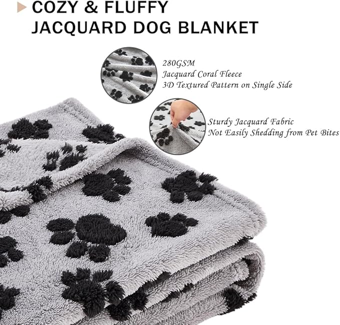 Qeils Jacquard Dog Blankets for Small Dogs, Cozy Calming Blanket for Indoor Cats, 280GSM Coral Fleece Plush Fluffy Throw Blanket, Black Paws, 25x30IN