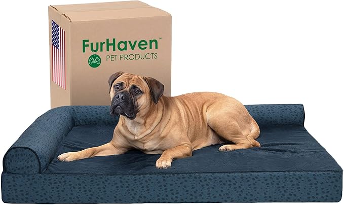 Furhaven Memory Foam Dog Bed for Large Dogs w/ Removable Bolsters & Washable Cover, For Dogs Up to 125 lbs - Plush & Almond Print L Shaped Chaise - Blue Almonds, Jumbo Plus/XXL