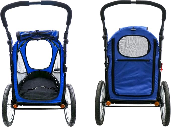 Petique Trailblazer Pet Jogger/Stroller, Bike Trailer, Shock Absorbing Bike Wheels, Large Entry Way, Peek-a-Boo Window, Small/Medium/Large Dogs, Cats and Pets, Supports up to 77LBS - Atlas (Blue)