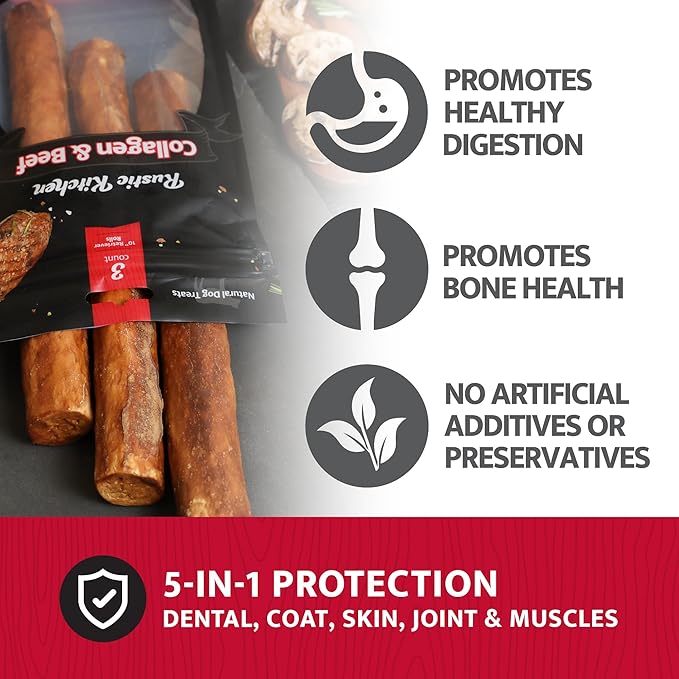 Rustic Kitchen Real Beef Collagen Sticks for Dogs, Collagen Retriever Roll 10" - 3ct, Dog Chews Long Lasting, Rawhide Free for All Dog Breeds