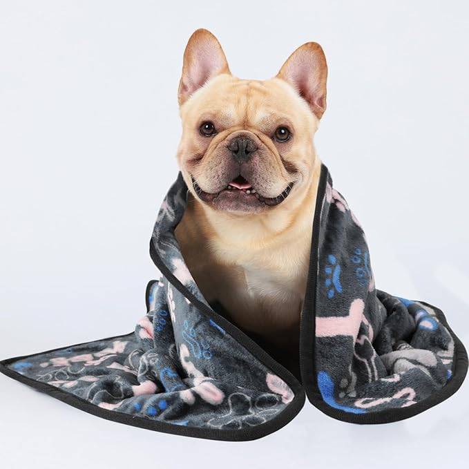 Luciphia 1 Pack 3 Blankets Fluffy Premium Fleece Pet Blanket Flannel Paw Bone Printed Throw for Dog Cat(Small 23"x16", White/Grey/Navy)