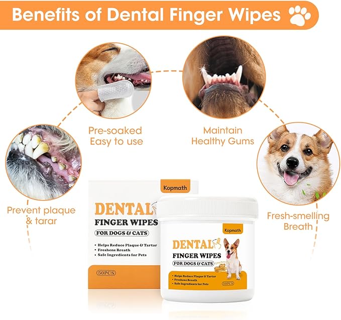 Dental Care Finger Wipes for Dogs & Cats, Reduces Plaque & Tartar Freshens Breath, Pre-Soaked Pet Teeth Wipes, Easy to Use Disposable Oral Cleaning Pads, Peanut Flavor