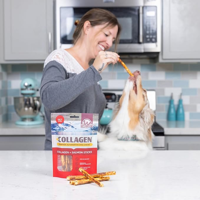 Real Salmon Collagen Sticks for Dogs, (15ct, 1cm Thick) Healthy Bully Stick - Long Lasting Dog Chew Treat