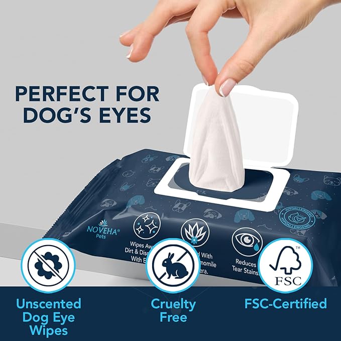 NOVEHA Dog Eye Wipes - Plant-Based Eye Wipes for Dogs - Formulated to Remove Eye Debris, Tear Stains & Eye Discharge - Safe, Convenient, and Large Unscented Wipes (300 Counts)