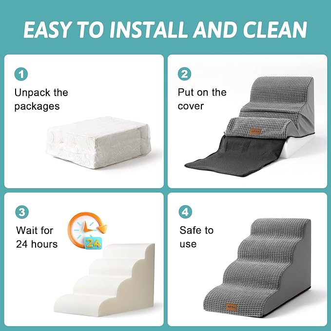 Dog Stairs for Small Dogs 19.7" H, Pet Step with Leakproof Cover, High Density Foam Cat Ramp for Bed, Couch or Sofa, Lightweight, Durable, Comfort, 15.7x28.3x19.7 inch, 4 Tiers, Light Grey