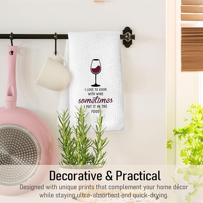 Red Wine Kitchen Towels, Gifts for Wines Lovers Women Dish Hand Towels for Kitchen Bar Cart, I Love to Cook with Wine Sometimes Decorative Bar Towels for Bartender, 16x34 Inch