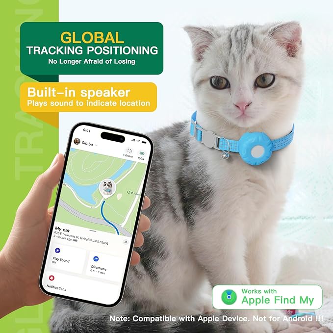 Cat Tracker Collar,No Monthly Fee Tracking Pet Collar with Finder Tag,Compatible with Apple Find My(iOS Only),Breakaway Tractive Design with Reflective Pattern & Bell,Blue