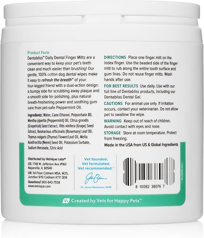 Vetnique Dentabliss - Dog Teeth Cleaning Finger Mitt Dental Wipe - Dog Plaque and Tartar Prevention with Brushing Beads - Convenient Peppermint Dog Teeth Wipes, Dog Breath Freshener