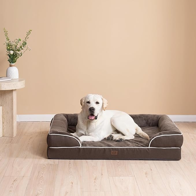 EHEYCIGA Orthopedic Dog Beds for Extra Large Dogs, Waterproof Memory Foam XXL Dog Bed with Sides, Non-Slip Bottom and Egg-Crate Foam Big Dog Couch Bed with Washable Removable Cover, Brown
