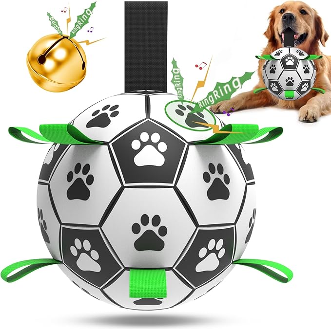 QDAN Dog Soccer Balls Toy with Bell Inside, Outdoor Interactive Dog Toys for Tug of War, Puppy Birthday Gifts, Dog Water Toy, Durable Ropes Squeaky Soccer Dog Ball for Medium and Large Dogs (8 INCH)