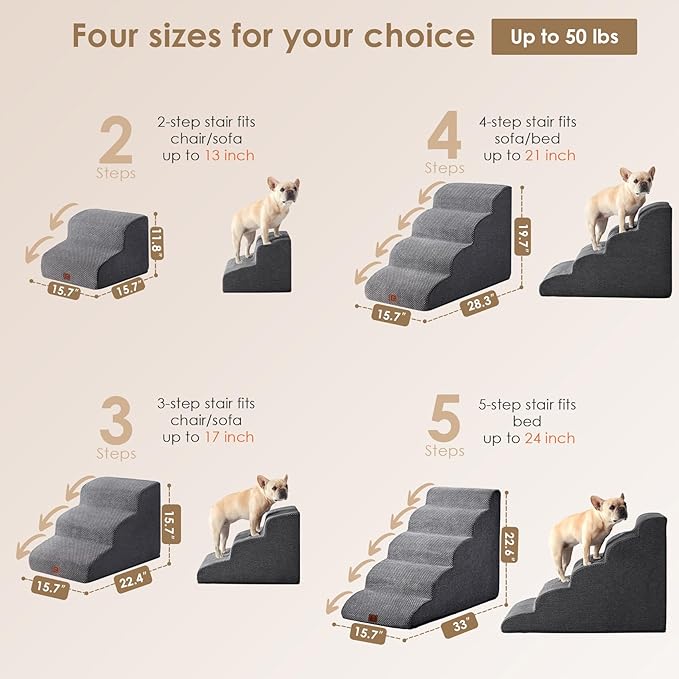 EHEYCIGA Curved Dog Stairs Ramp for Small Dogs 15.7" H, 3-Step Dog Steps for Couch Sofa and Chair, Pet Stairs for Cats, Non-Slip Balanced Pet Steps Indoor, Grey