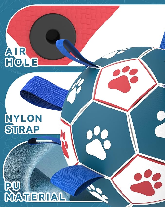 QDAN Dog Toys Soccer Ball with Straps - Durable Dog Balls for Giant Extra Large Dogs, Outdoor Dog Toys, Dog Water Toy, Herding Ball, Dog Birthday Gifts (10 Inch)