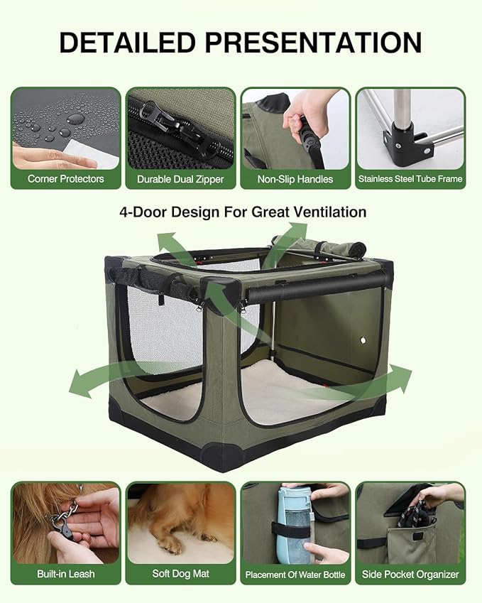 24 Inch Collapsible Travel Dog Crate for Medium Large Dogs, Portable Dog Crate 4-Door Foldable Soft Kennel with Chew-Proof Mesh Windows for Indoor & Outdoor Travel,with Storage Bag,Green