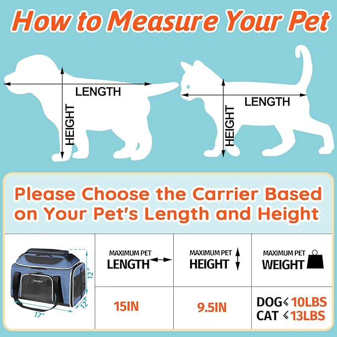 Petskd Top-Expandable Pet Carrier 17x12x8.5 Inches JetBlue Frontier Spirit Airline Approved, Soft-Sided Carrier for Small Cats and Dogs with Locking Safety Zippers and Anti-Scratch Mesh(Blue)
