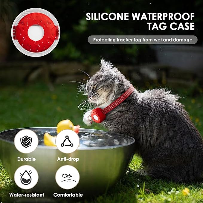 Cat Tracker, Pet Tracker for Cats, Cat Tracker Collar with Safety Elastic Buckle, Works with Any Collar,Compatible with Apple Find My App (Only iOS), No Monthly Fee Pet Tracker, Red