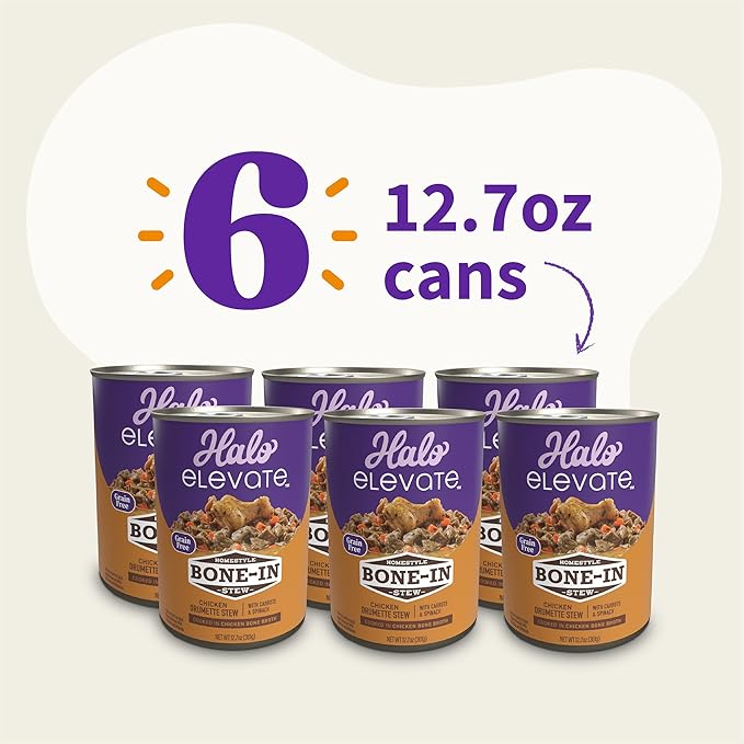 Halo Elevate Wet Dog Food, Grain Free, Homestyle Bone-in Chicken Stew with Carrots & Spinach, 12.7oz (Pack of 6)