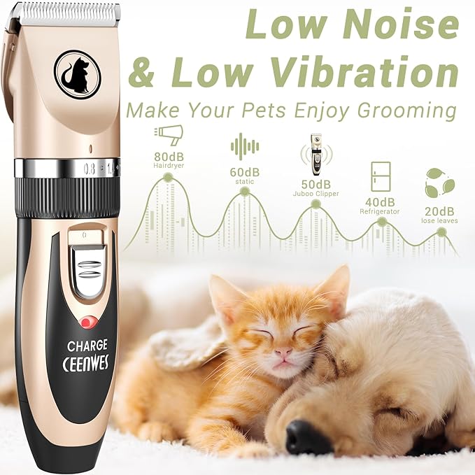 Ceenwes Dog Clippers Low Noise Pet Clippers Rechargeable Trimmer Cordless Grooming Tool Professional Dog Hair Trimmer with Comb Guides Scissors for Dogs Cats & Others(Gold)