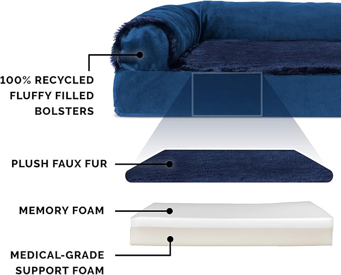 Furhaven Memory Foam Dog Bed for Large Dogs w/ Removable Bolsters & Washable Cover, For Dogs Up to 125 lbs - Plush & Velvet L Shaped Chaise - Deep Sapphire, Jumbo Plus/XXL