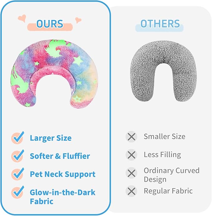 Glow-in-the-Dark U-Shaped Calming Pet Pillow for Dogs & Cats, Machine Washable Ultra-Soft Fleece Cover Comforting Neck Support Pillow for Elderly, Weak, Disabled Pets, Luminous for Nighttime (Rainbow)