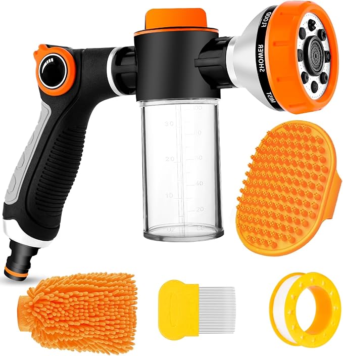 Upgrade Dog Washing Hose Attachment with Soap Dispenser, Dog Bath Hose Attachment with Pet Bath Brush Car Wash Mitt and Dog Comb for Watering Plants, Lawn, Showering Pet(Orange)