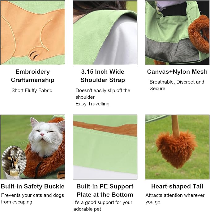 Dog Carrier Sling Lion-Shaped Pet Canvas Bag Cat Shoulder Bag Pet Body Holder for Daily Use Walking Travel Outdoor, Light Green L