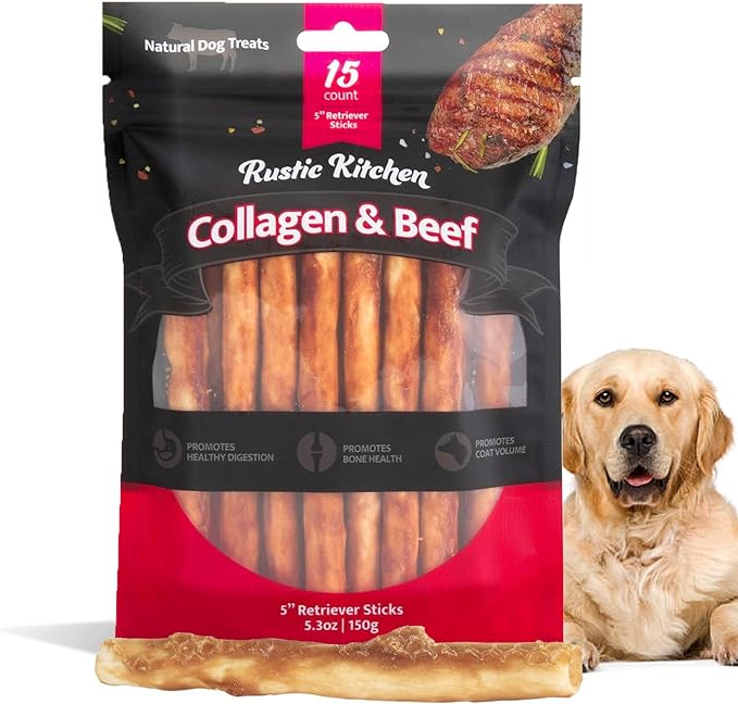 Real Beef Collagen Sticks for Dogs, Dog Chews Long Lasting, Rawhide Free - 15 Pack High Protein Chew Dog Treats for Small, Medium, and Large Dogs