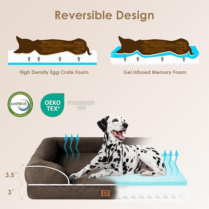 EHEYCIGA Orthopedic Dog Beds for Extra Large Dogs, Waterproof Memory Foam XXL Dog Bed with Sides, Non-Slip Bottom and Egg-Crate Foam Big Dog Couch Bed with Washable Removable Cover, Brown