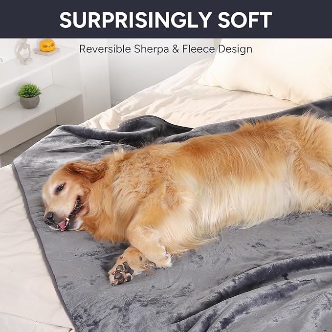 Waterproof Dog Blanket Bed Cover for Bed Couch Sofa, Liquid Pee Proof Pet Blanket Washable, Reversible Sherpa Fleece Blanket Furniture Protector for Medium Large Dogs Cats(Gray, 50"x 60")
