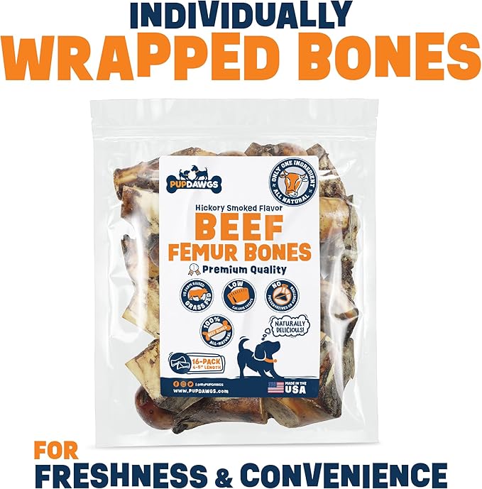Single Ingredient Dog Bones - Made in USA - Beef Femur Bones - Natural Dog Bones for Aggressive Chewers - from USDA Inspected Beef - Hickory Smoked - Individually Wrapped (16 Piece Pack)