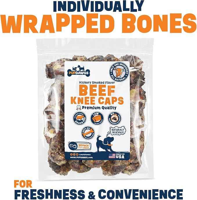 Single Ingredient Dog Bone Made in USA - Beef Knee Caps - 100% Natural Dog Bones for Aggressive Chewers - from USDA Inspected Beef - Hickory Smoked - Individually Wrapped (30 Piece Pack)