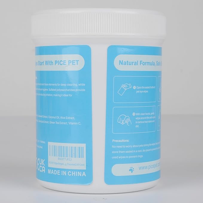 Hypoallergenic Eye Wipes for Dog & Cats, 100 Pcs Plant-Based Tear Stain Remover for Discharge, Crust, Allergies, Itching, Unscented, Double Layer, Made in PRC