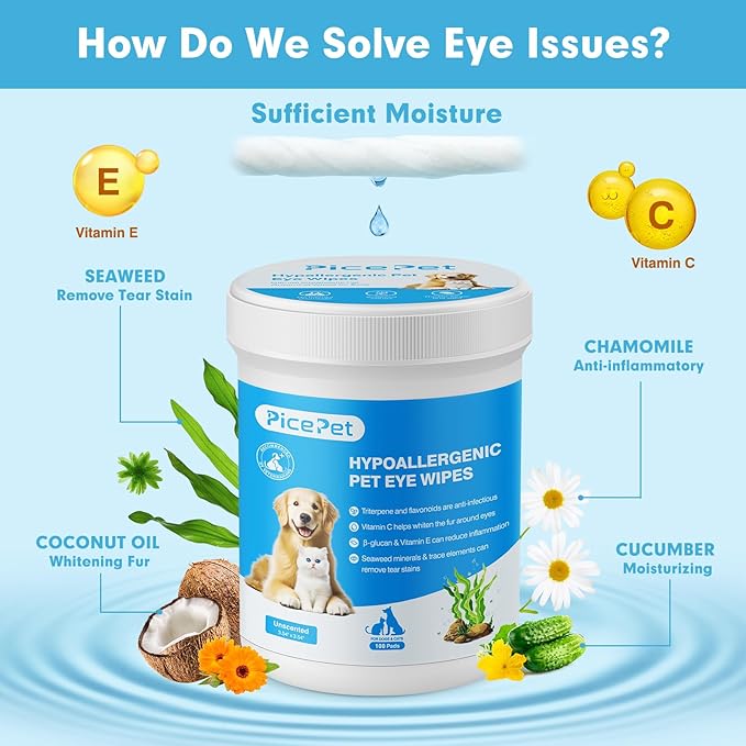 Hypoallergenic Eye Wipes for Dog & Cats, 100 Pcs Plant-Based Tear Stain Remover for Discharge, Crust, Allergies, Itching, Unscented, Double Layer, Made in PRC