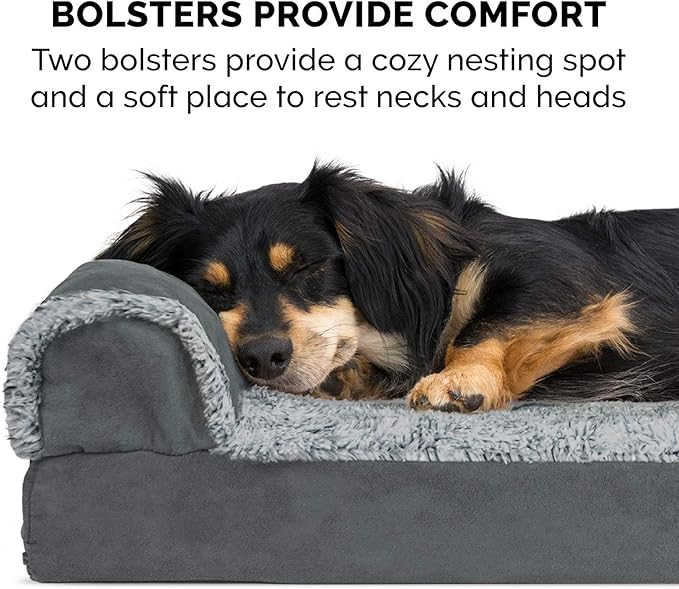 Furhaven Orthopedic Dog Bed for Large Dogs w/ Removable Bolsters & Washable Cover, For Dogs Up to 125 lbs - Two-Tone Plush Faux Fur & Suede L Shaped Chaise - Stone Gray, Jumbo Plus/XXL