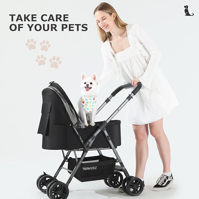 SWITTE Dog Stroller for Small Medium Dogs, Foldable Cat Pet Stroller with Reversible Handlebar, 4 Universal Wheels, Portable Puppy Dog Jogging Stroller with Waterproof Pad, Grey
