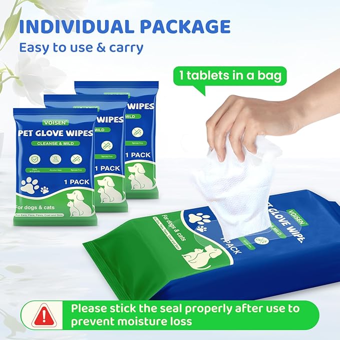 VOISEN 8 Pcs Pet Glove Wipes for Dogs and Cats, Cleaning & Deodorizing Bathing Grooming Wipes,Unscented Thick Nourish Fur Glove Wipes for Pet Dry Cleaning,Daily Care and Travel