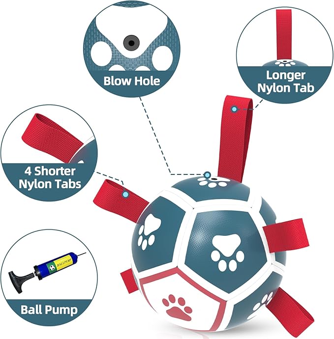 QDAN Dog Toys Soccer Ball with Straps, Outdoor Interactive Dog Toys for Tug of War, Puppy Birthday Gifts, Dog Tug Toy, Dog Water Toy, Durable Dog Balls for Small Dogs - Blue&Red(5 Inch)