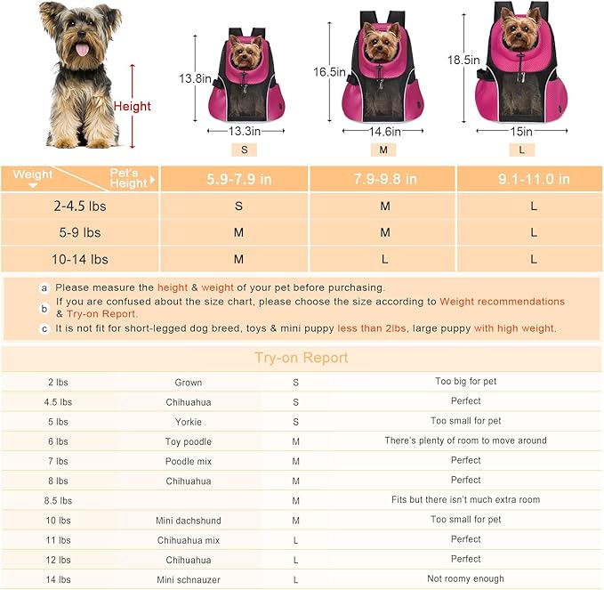 WOYYHO Pet Dog Carrier Backpack Small Dog Front Backpack Ventilated Mesh Dog Travel Back Pack with Safety Belt for Travel Hiking Cycling Outdoor Use (L (10-14 lbs), Rose)