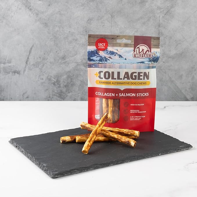 Real Salmon Collagen Sticks for Dogs, (15ct, 1cm Thick) Healthy Bully Stick - Long Lasting Dog Chew Treat