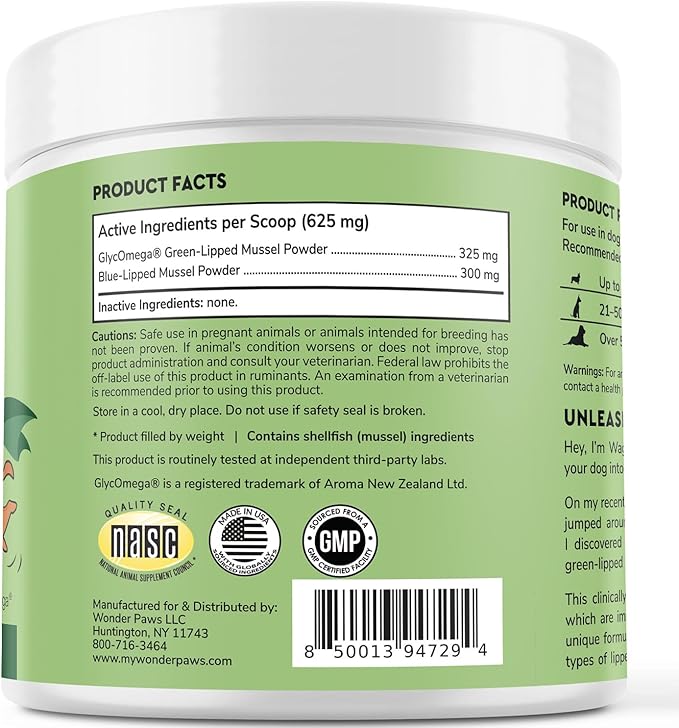 Premium Green Lipped Mussels for Dogs – Pure New Zealand Green Lipped Mussel Powder with Blue Lipped Mussels for Dogs – for Hip and Joint Flexibility, Mobility, Strength, Tendons and Muscles – 2.60oz