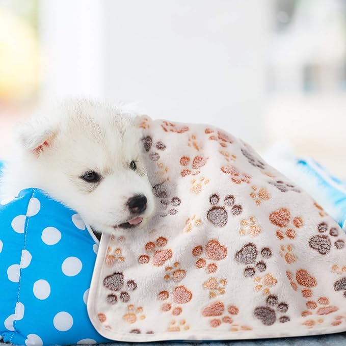 Tatuo 4 Pcs Dog Blanket Pet Puppy Blanket Puppy Teething Toys Paw Print Fleece Blanket for Pet Cat Soft Warm Sleep Mat Guinea Pig Cage Blanket(Small(24 x 16 Inch),White, Coffee, Pink, Purple)