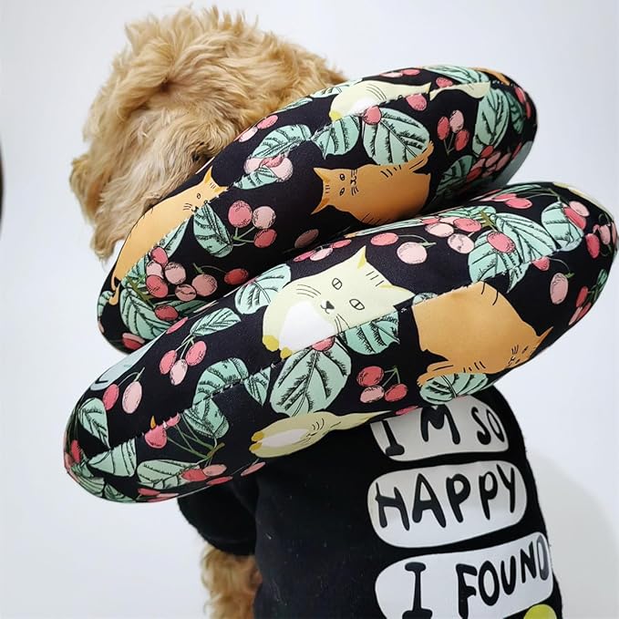 Cute Cooling Dog Bed Pillows, Half Donut U Shaped Pet Neck Pillow,Pet Neck Pillow for Upper Spine and Calming Support (Tropical Cat, Large for Pets Under 30lbs)