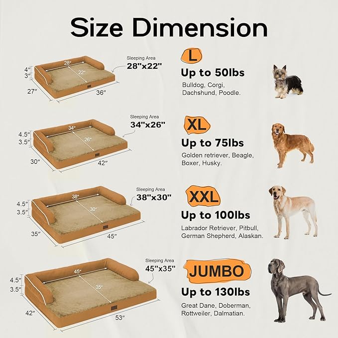 Large Dog Bed Orthopedic Washable, Orthopedic Dog Beds for Large Dogs with Washable Cover, Removable Bolster and Non-Slip Bottom Orange Large Dog Beds Orthopedic, XXXLarge Extra Large Dogs