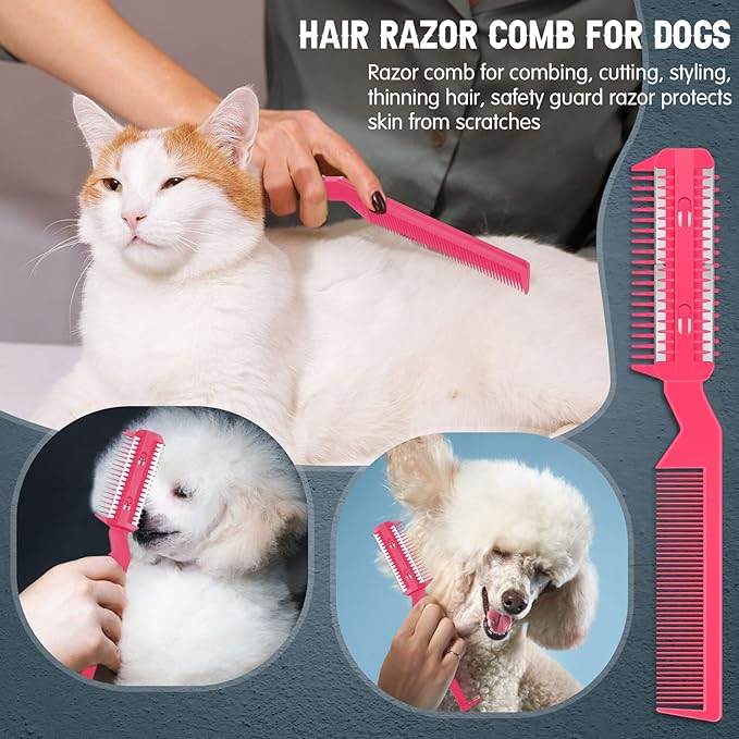 Yinkin 5-Piece Razor Comb for Dogs & Cats, Pink, Plastic & Stainless Steel, Small to Medium Dogs, 25 Extra Blades, Manual, Grooming & Trimming