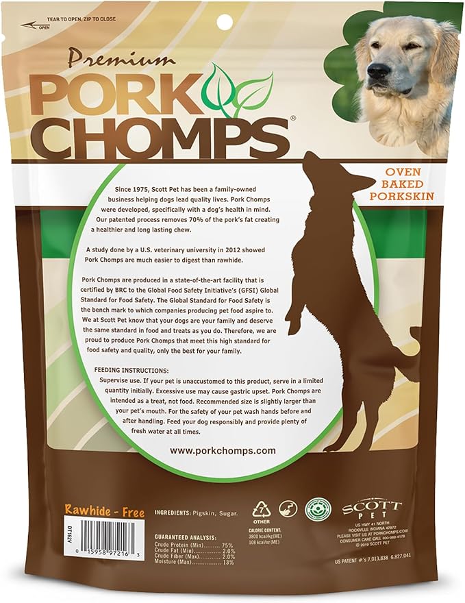 Pork Chomps Baked Pork Skin Dog Chews, 4-inch strips, 10oz Bag