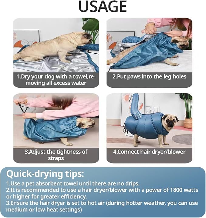 MANON ROSA Dog Drying Bag Hands Free Quick Drying Pet Grooming Tool for Small Medium Large Puff Fluff Dogs & Cats, 360 Degree Shower Bath Hair Dryer Suit (Small)