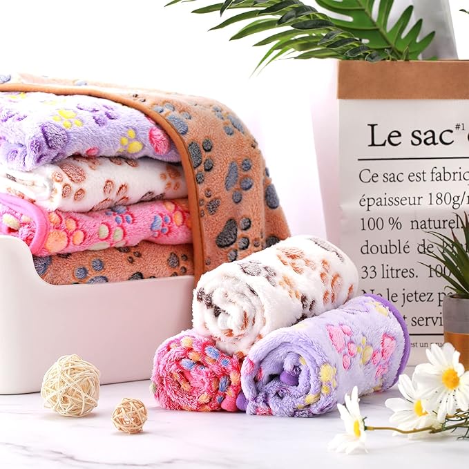 Tatuo 4 Pcs Dog Blanket Pet Puppy Blanket Puppy Teething Toys Paw Print Fleece Blanket for Pet Cat Soft Warm Sleep Mat Guinea Pig Cage Blanket(Small(24 x 16 Inch),White, Coffee, Pink, Purple)