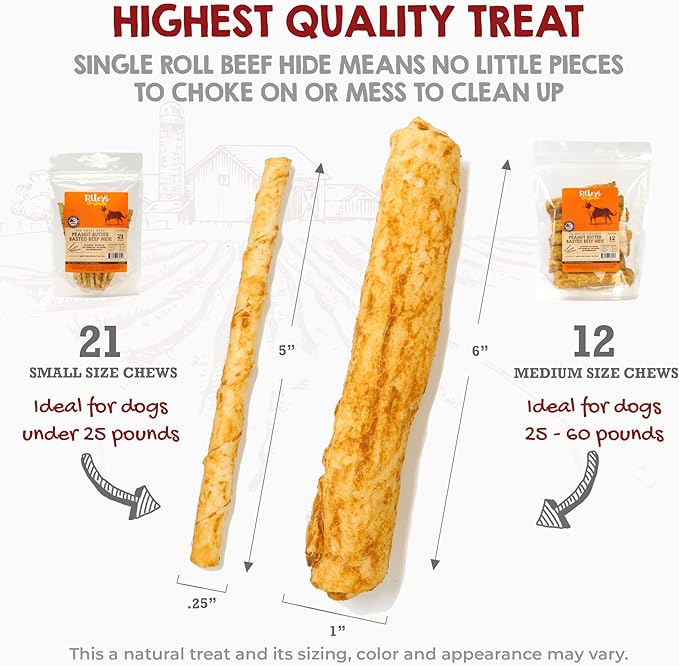 Riley's Peanut Butter Beef Hide Dog Treats, USA Sourced & Made Small Dog Treats, Chew Sticks, Raw Hides for Small Dogs, Rawhide Sticks for Dogs, 21 ct