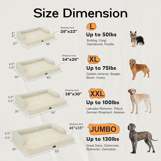 Large Dog Bed Orthopedic Washable - Beds Bolster Pet - XXXL Large Big Dogs - Memory Foam - Couch Sofa Bed- Waterproof with Removable Cover - Beige Dog Bed