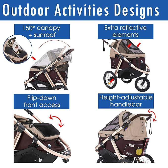 HPZ Pet Rover Run Performance Jogging Sports Stroller with Comfort Rubber Wheels/Zipper-Less Entry/1-Hand Quick Fold/Aluminum Frame for Small/Medium Dogs, Cats and Pets (Taupe)