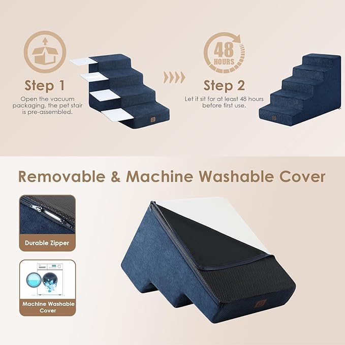 EHEYCIGA Dog Stairs for High Beds 22.5" H, 5-Step Dog Steps for Small Dogs and Cats, Slope Pet Steps with Non-Slip Bottom, Navy